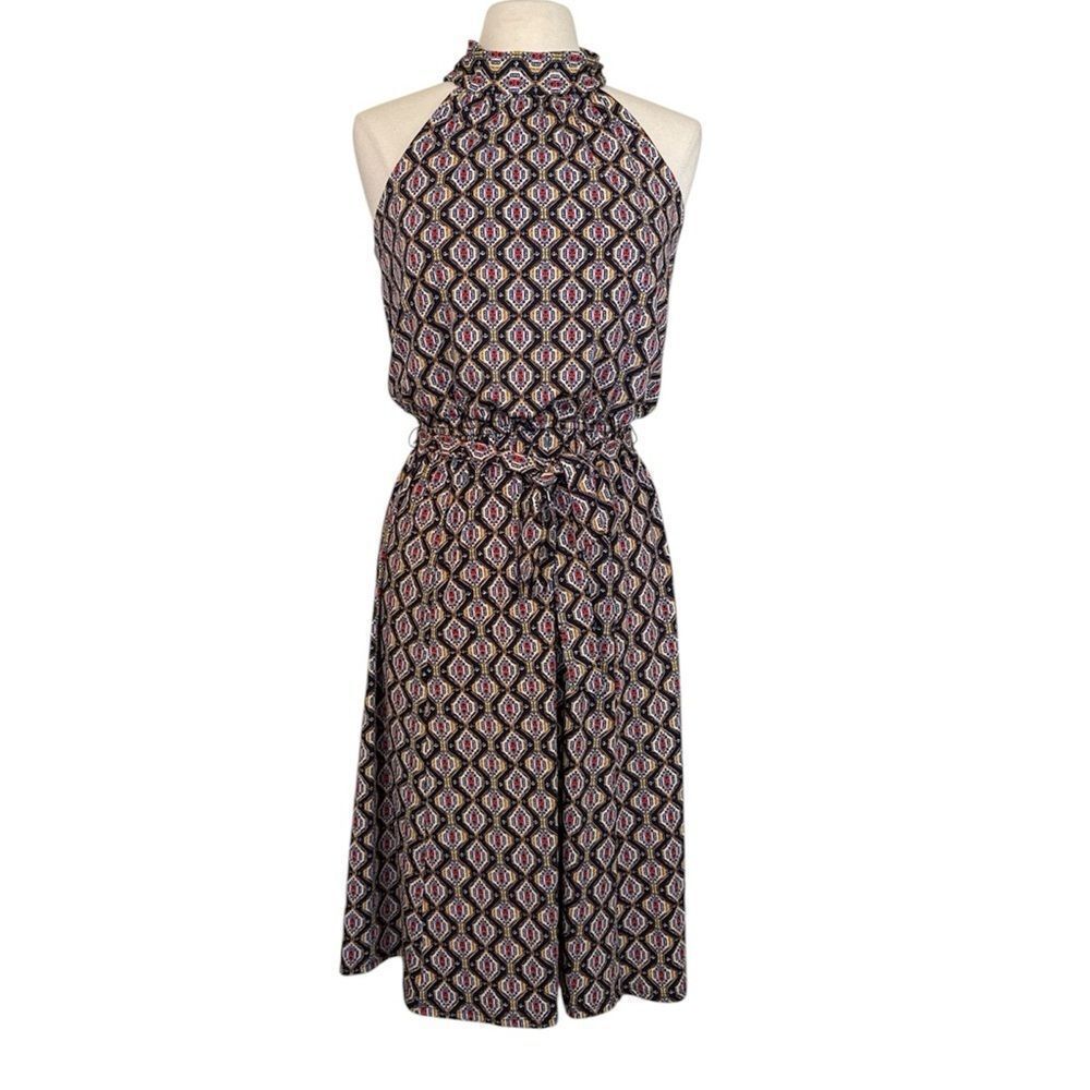 Enfocus Studio Black Geometric Halter Dress with Pink and Cream Accents